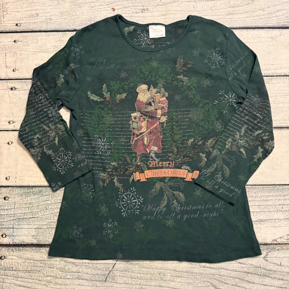 Studio Collection green Christmas Holiday Santa front and back pattern shirt.